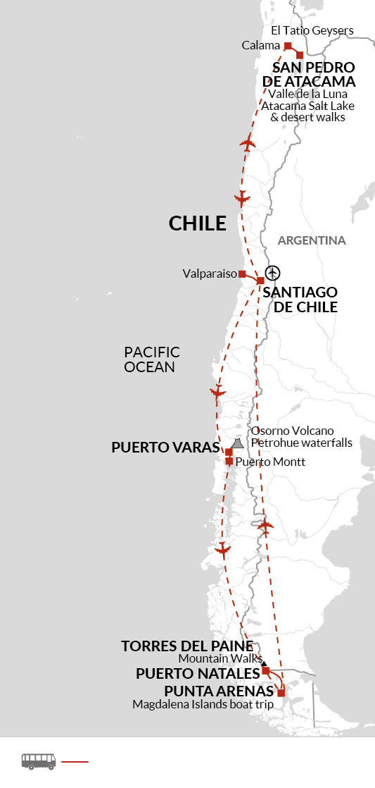 tourhub | Explore! | Highlights of Chile - Atacama to Paine | Tour Map