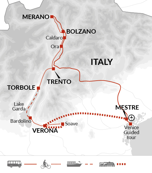 tourhub | Explore! | Cycle Dolomites, Lake Garda and Venice | Tour Map