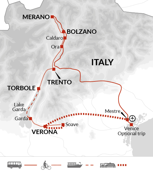 tourhub | Explore! | Cycle Dolomites, Lake Garda and Venice | Tour Map