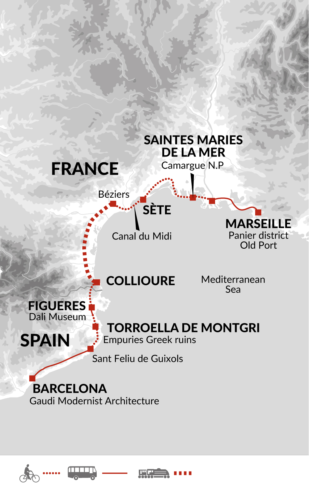 tourhub | Explore! | Cycle Marseille to Barcelona | Tour Map