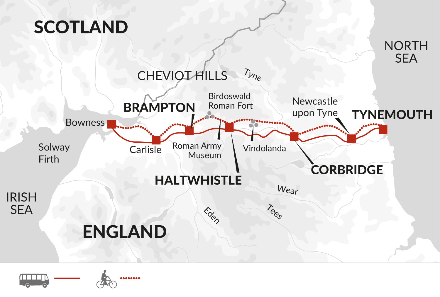 Tour Map tourhub | Explore! | Cycle Hadrian's Wall - Coast to Coast | Tour Map