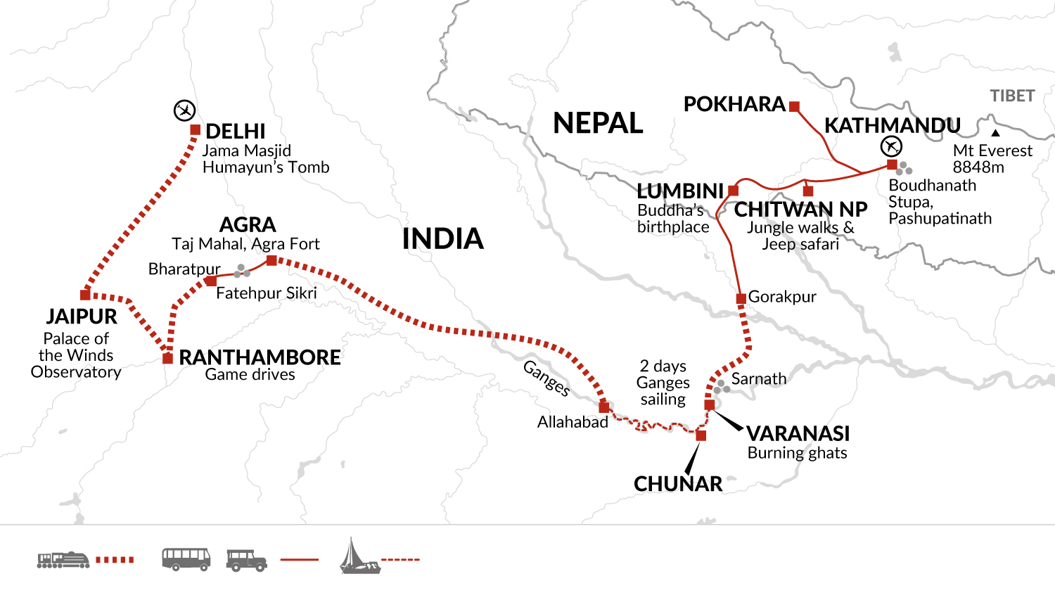 tourhub | Explore! | Delhi to Kathmandu | Tour Map