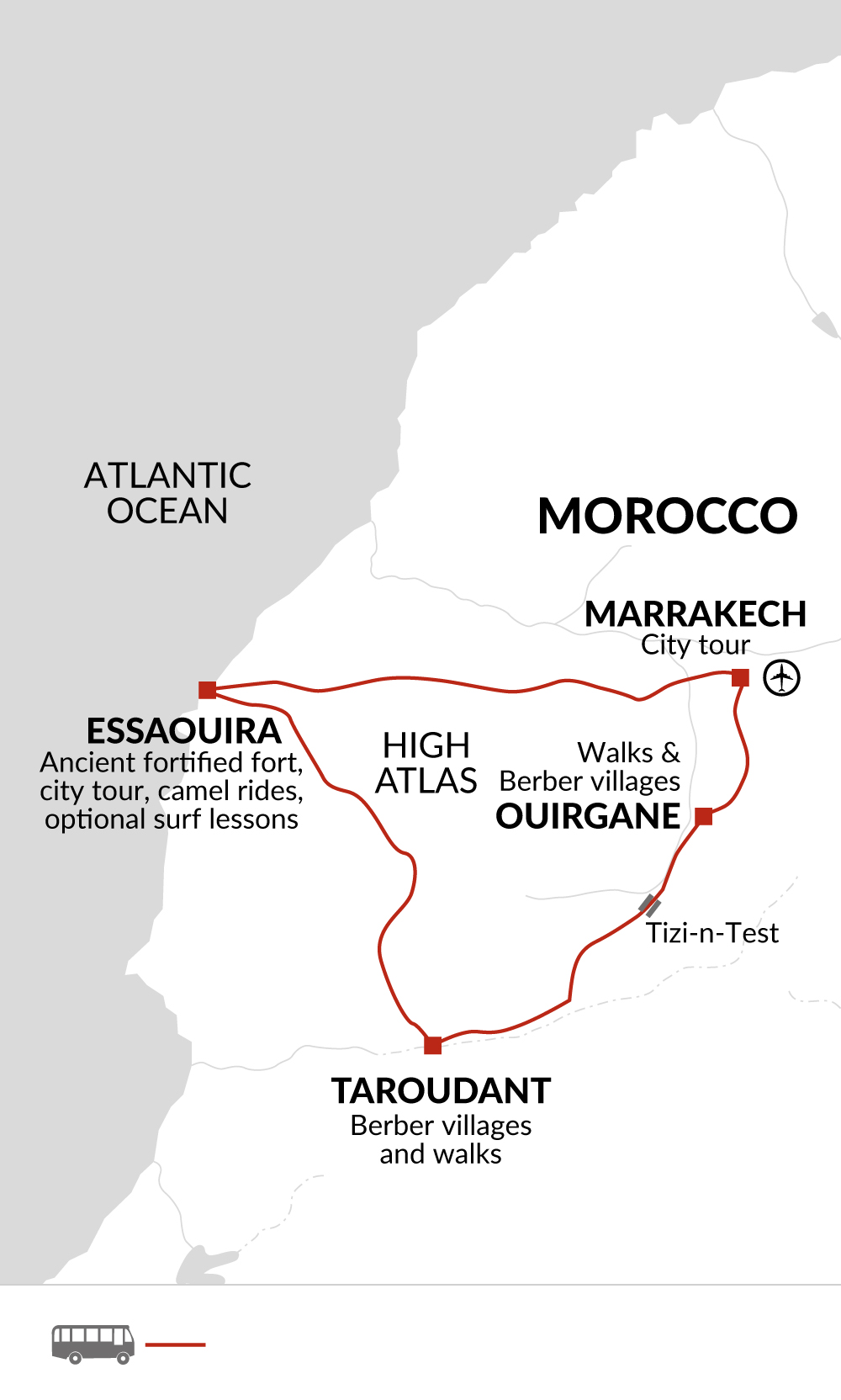 Tour Map tourhub | Explore! | Family Marrakech, Atlas & Essaouira Adventure | Tour Map