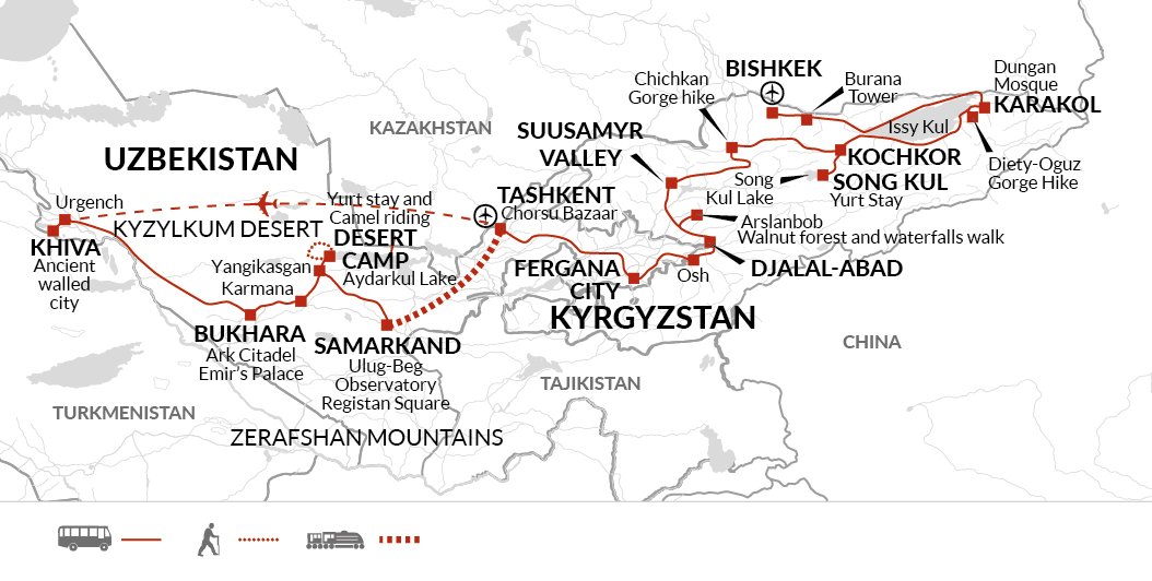 tourhub | Explore! | The Silk Road of Kyrgyzstan and Uzbekistan | Tour Map