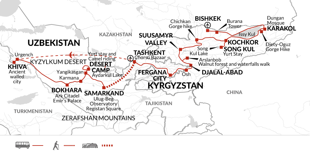tourhub | Explore! | The Silk Road of Kyrgyzstan and Uzbekistan | Tour Map