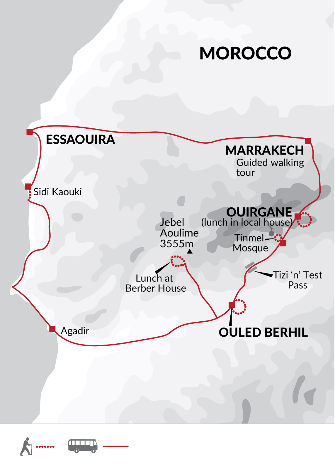 Tour Map tourhub | Explore! | Walking in Morocco - Atlas to Atlantic | Tour Map