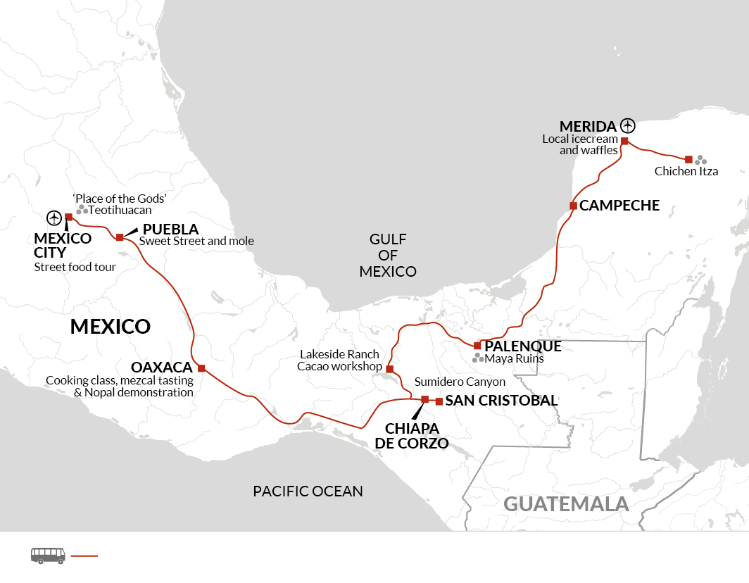 tourhub | Explore! | A Taste of Mexico - Markets and Mayan Sites | Tour Map