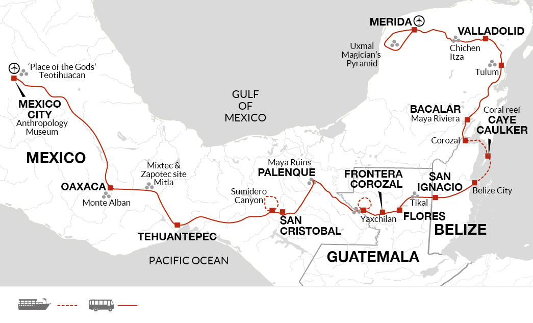 tourhub | Explore! | Contrasts of Mexico and Yucatan Peninsula | Tour Map