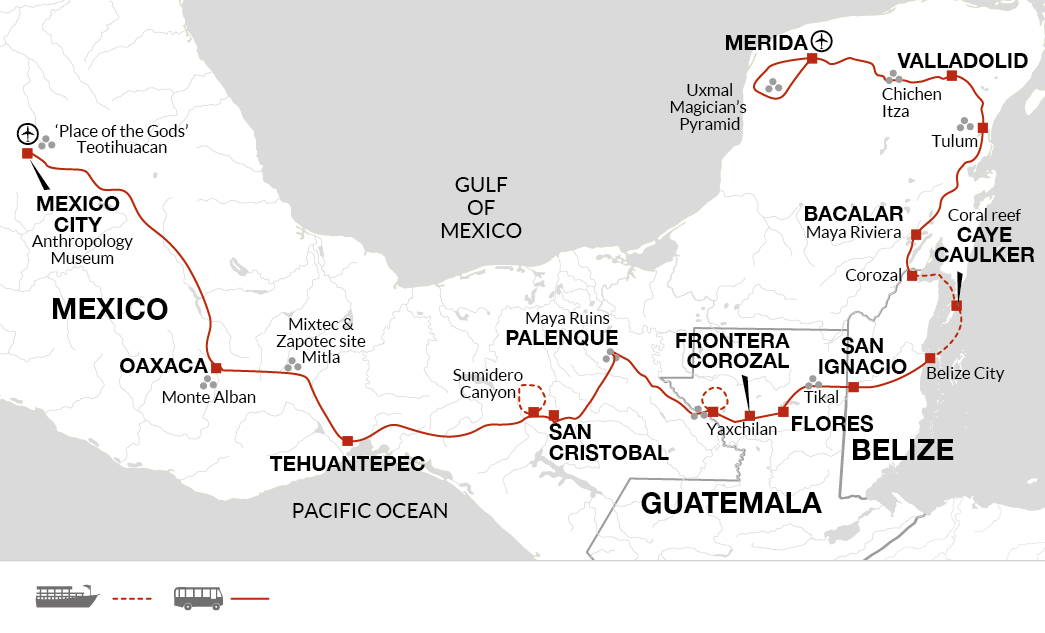 tourhub | Explore! | Contrasts of Mexico + Yucatan Peninsula Extension | Tour Map