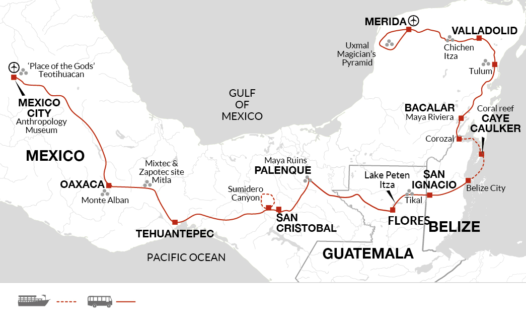 tourhub | Explore! | Contrasts of Mexico + Yucatan Peninsula Extension | Tour Map