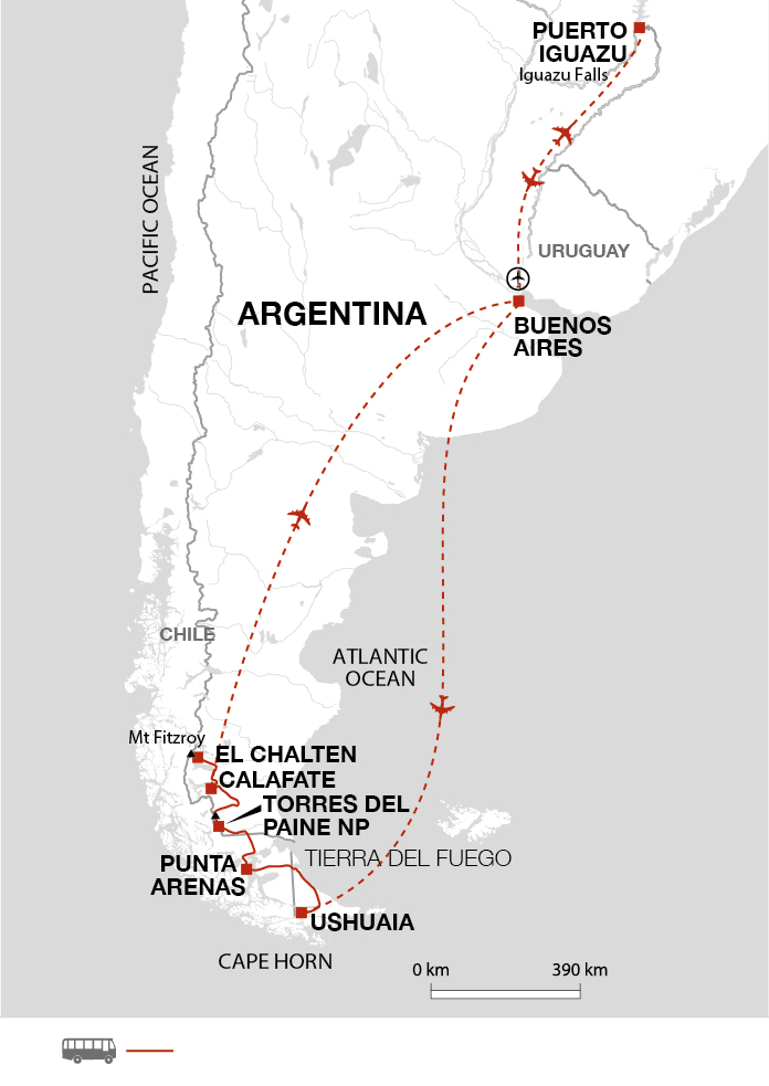 tourhub | Explore! | Adventures in Patagonia + Iguazu Extension | Tour Map