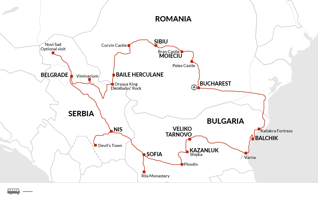 tourhub | Explore! | Grand Tour of Romania, Serbia and Bulgaria | Tour Map