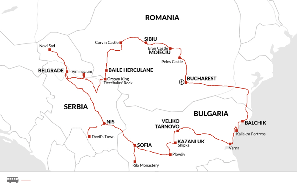 tourhub | Explore! | Grand Tour of Romania, Serbia and Bulgaria | Tour Map