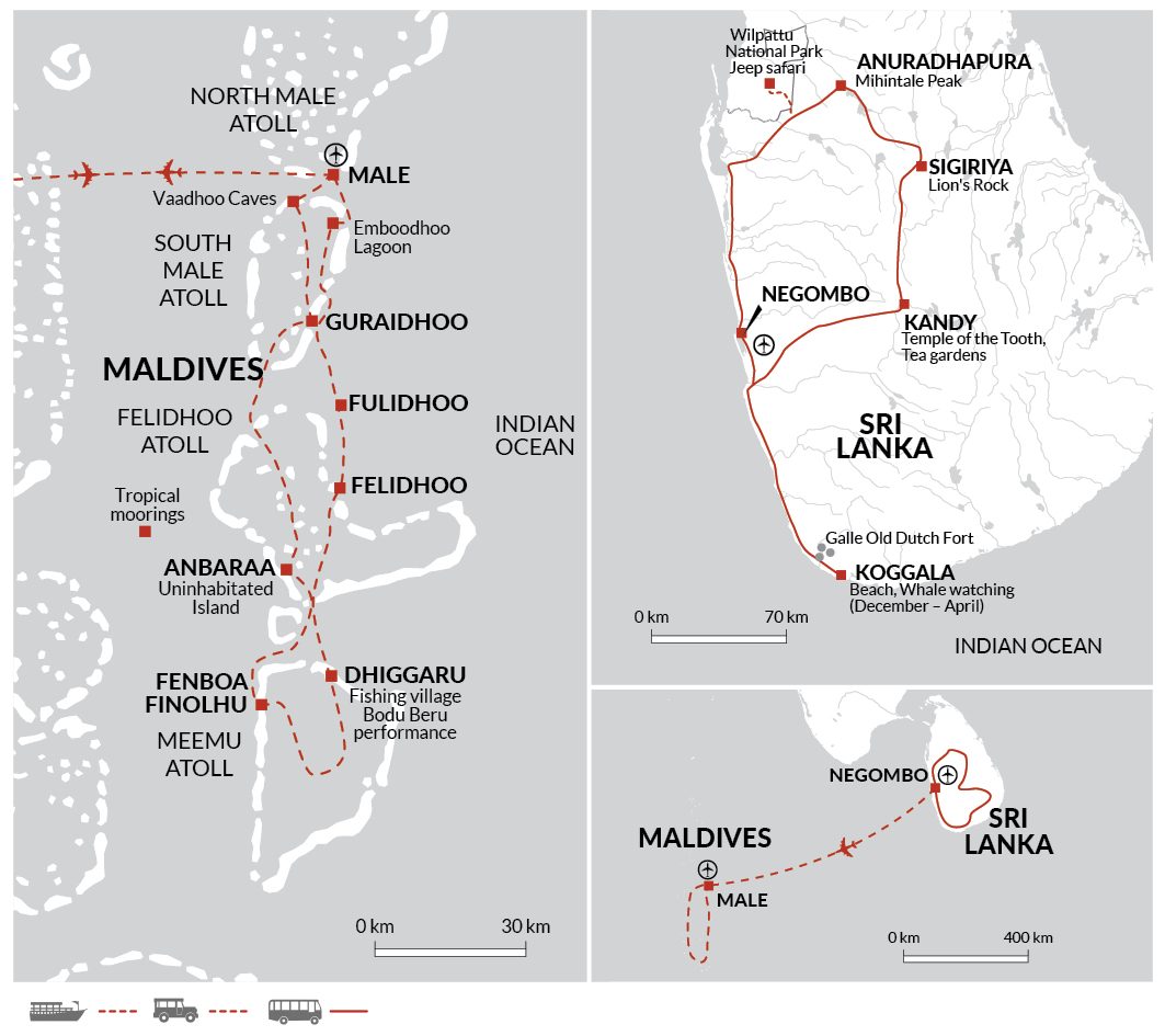 Tour Map tourhub | Explore! | Highlights of Sri Lanka + Maldive Dhoni Cruise | Tour Map