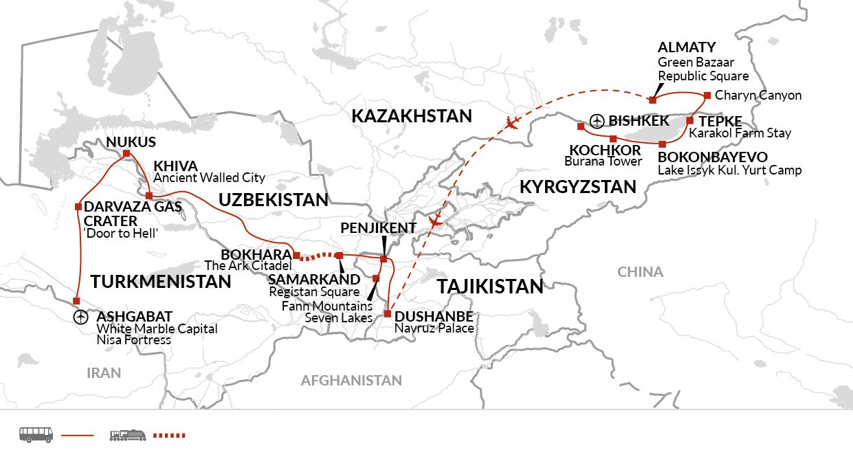 tourhub | Explore! | The Five Stans of The Silk Road | Tour Map