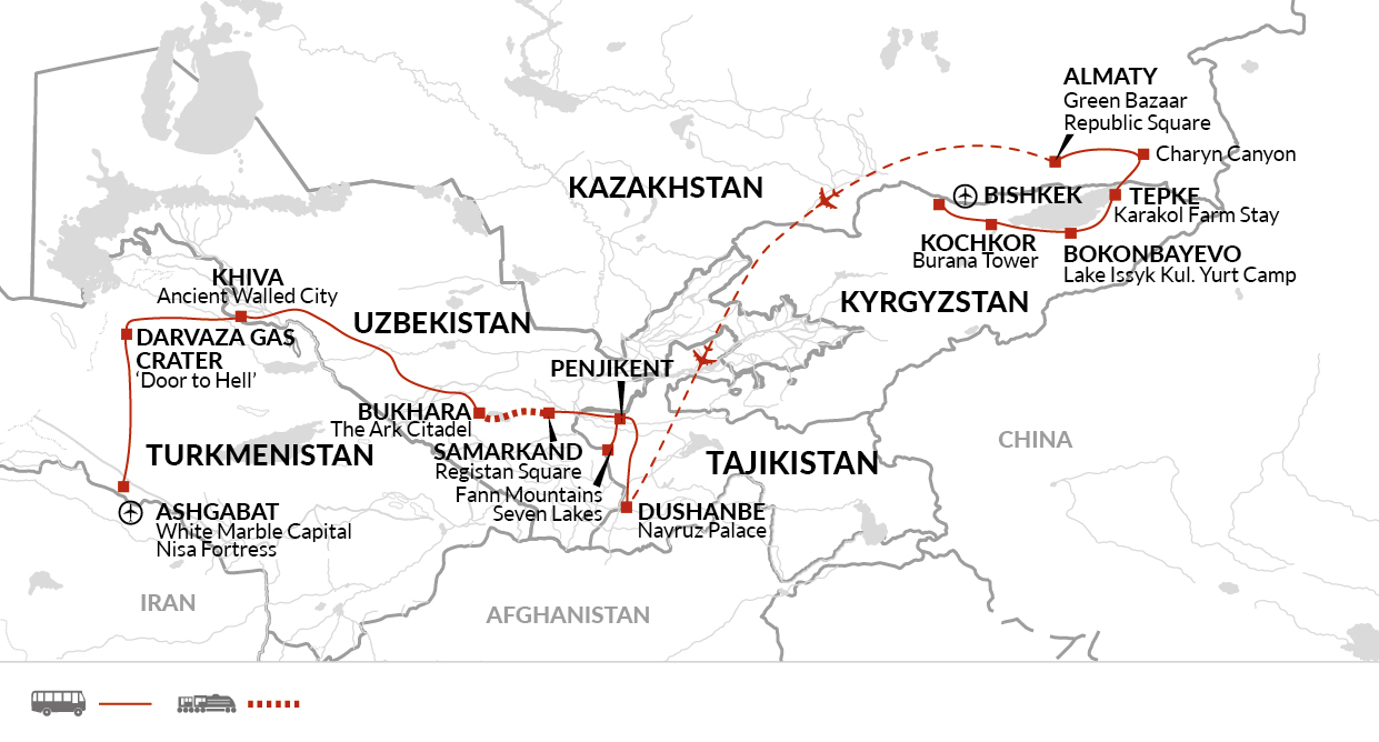 tourhub | Explore! | The Five Stans of The Silk Road | Tour Map