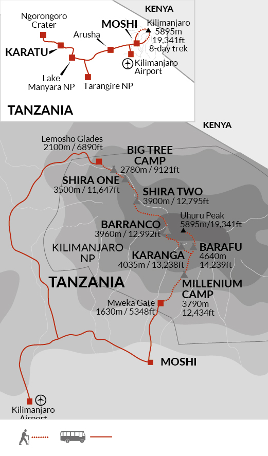 tourhub | Explore! | Kilimanjaro - Lemosho Trek + Safari Extension | Tour Map
