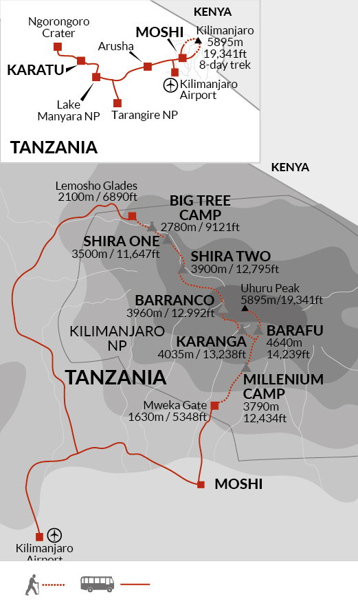 tourhub | Explore! | Kilimanjaro-Lemosho Trek + Safari Extension | Tour Map