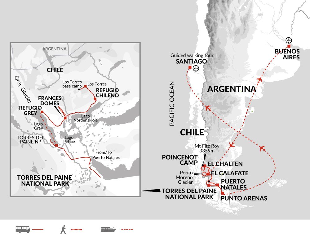 tourhub | Explore! | Trek Patagonia - Fitz Roy and Torres del Paine | Tour Map