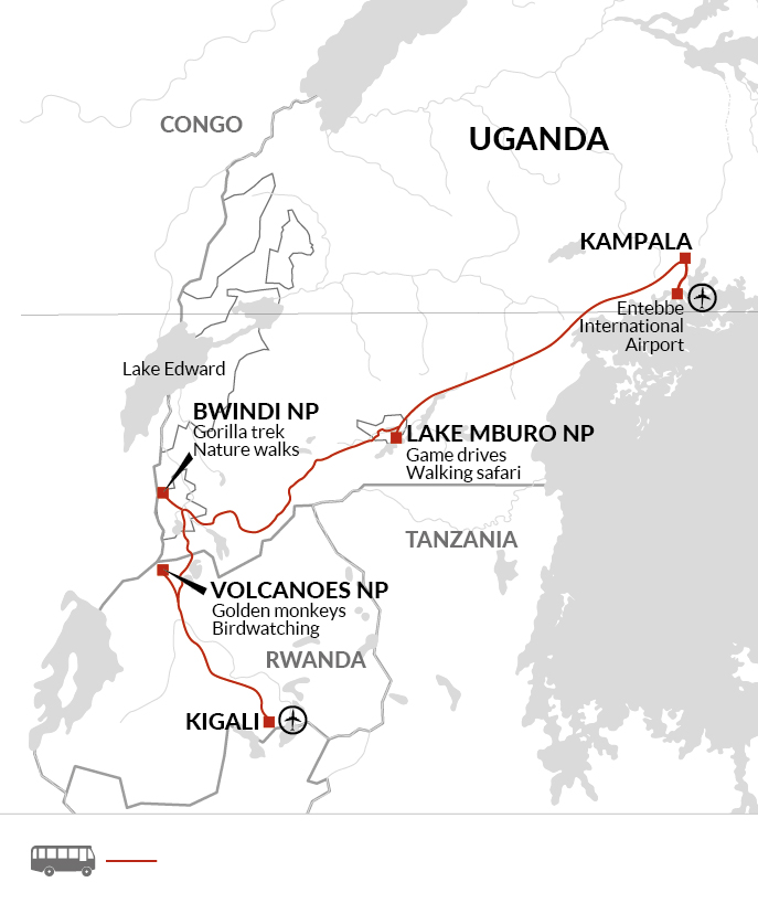 tourhub | Explore! | Uganda and Rwanda Gorilla Discovery | Tour Map