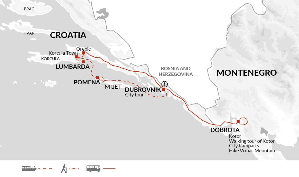 Tour Map tourhub | Explore! | Walking Montenegro and the Croatian Islands | Tour Map
