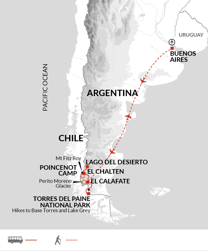 tourhub | Explore! | Hiking in Patagonia - Glaciers & Torres del Paine | Tour Map