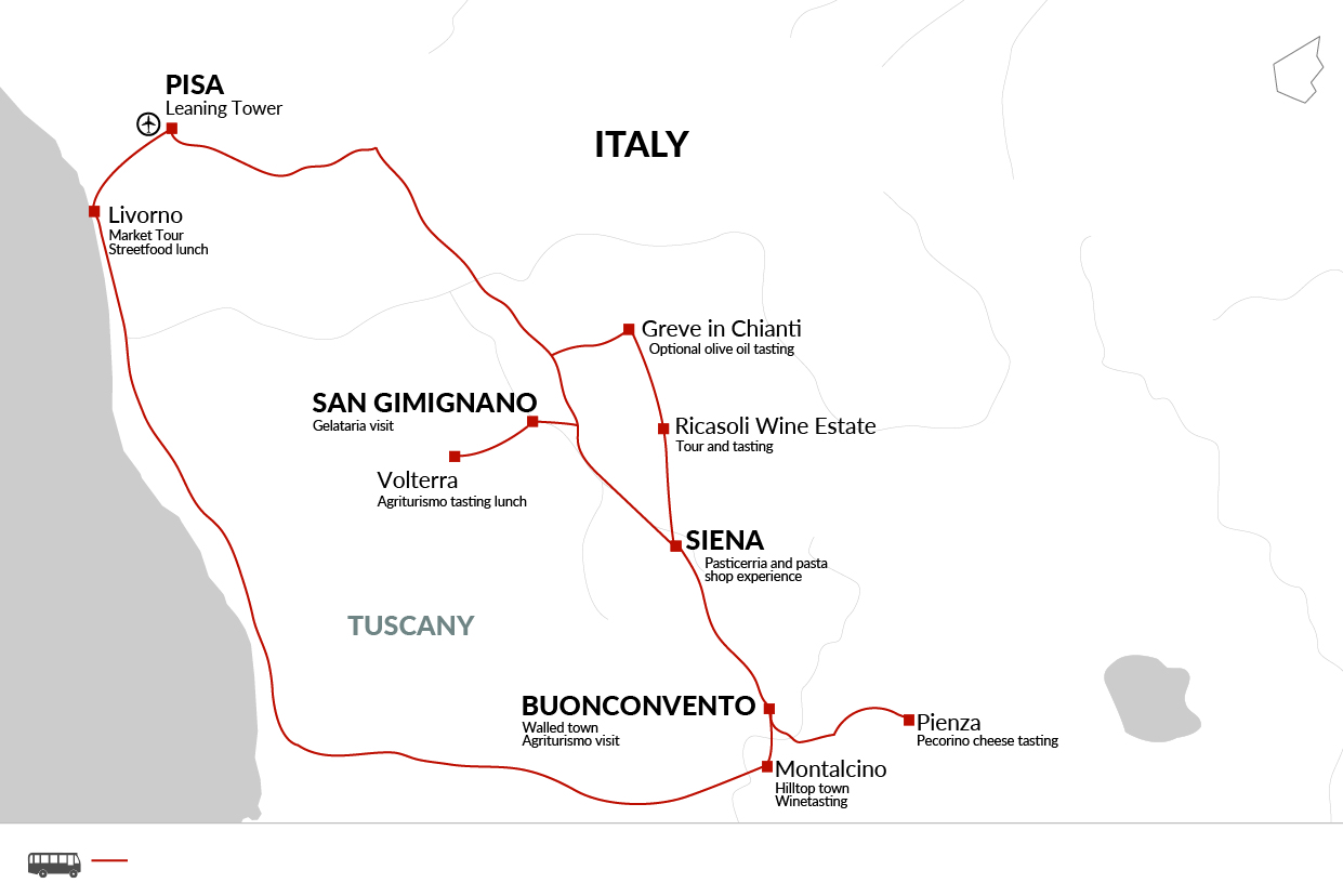 tourhub | Explore! | A Taste of Tuscany - Hilltop Towns and Vineyards | Tour Map