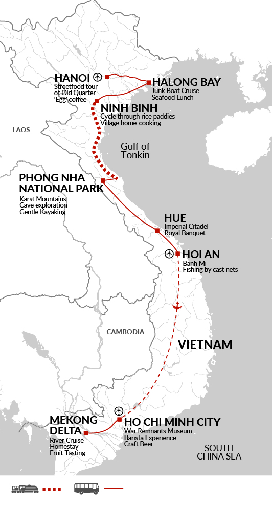 tourhub | Explore! | A Taste of Vietnam - Halong Bay to the Mekong Delta | XVN | Route Map