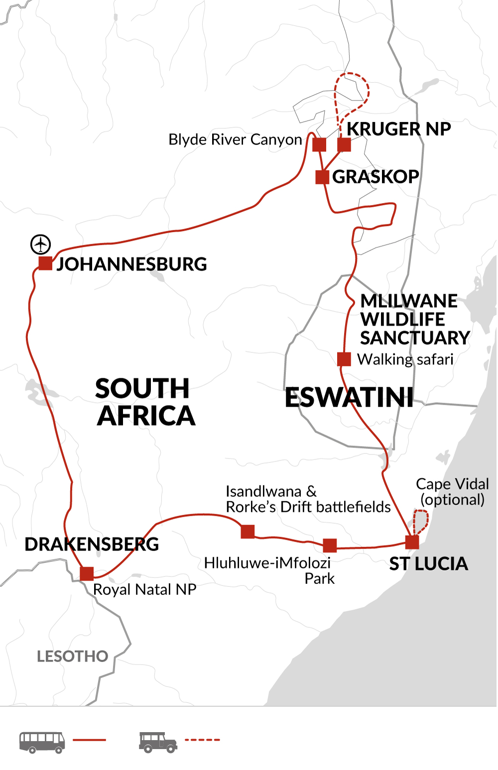 tourhub | Explore! | Zululand and Kruger Wildlife | Tour Map